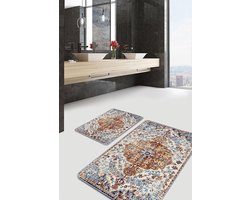 Badmat antislip 2 stuk set - Badmatten 60x100 en 50x60 - Wc mat - Toiletmat - Douchemat - Vintage patroon - Badkamermat voor badkamer