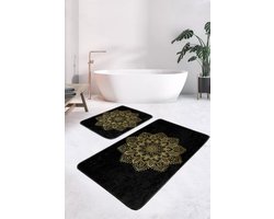 Badmat antislip 2 stuk set - Badmatten 60x100 en 50x60 - Wc mat - Toiletmat - Gold mandala op zwart - Douchemat - Badkamermat voor badkamer