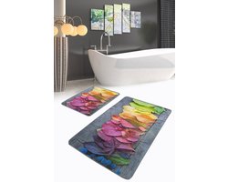 Badmat antislip 2 stuk set - Badmatten 60x100 en 50x60 - Zachte wc mat - Toiletmat - Kleurrijke bladeren - Badkamermat voor badkamer