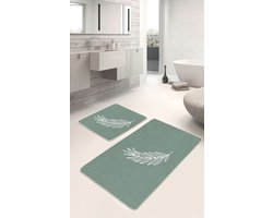 Badmat antislip 2 stuks set - Badmatten 60x100 en 50x60 - Wc mat - Toiletmat - Douchemat - Onedraw blad op lichtgroen - Badkamermat voor badkamer