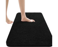 Badmat Antislip – Douchemat – Badmat Badkamer – Vloermat - Chenille badmat - Zwart - 61x91 cm
