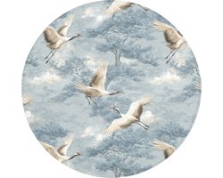 Badmat rond 70x70 cm - Antislip - Wolken - Kraanvogels - Blauw - Badmatten voor badkamer - Badkamermat - Douchemat - Ronde badkamer mat