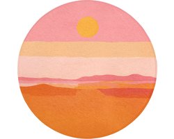 Badmat rond 70x70 cm - Antislip - Zon - Abstract - Landschap - Oranje - Badmatten voor badkamer - Badkamermat - Douchemat - Ronde badkamer mat