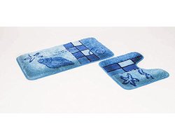 Badmat set blauw - 2-delig met uitsparing en antislip voor badkamer | WC-mat en badmat