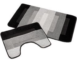 Badmat Set Nevada – Douchemat 50x80 cm & WC Mat 40x50 cm – Zachte Chenille Badkamermat – Antislip – Wasbaar – Oeko-Tex– Grijs Zwart