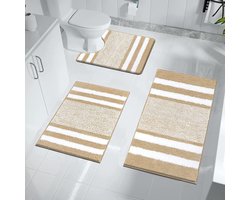 Badmat set van 3 ultra dik badtapijt met antislip bodem absorberende badkamermatten en voetstukmatset, gemakkelijk schoon te maken machinewasbaar toilettapijt (beige)