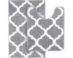 Badmatset – 2-Delige Microvezel Badmatten – Grijs – Hoogpolig & Antislip – Voor Badkamer en Toilet