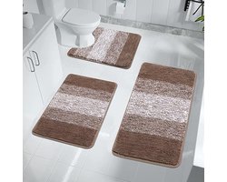 Badmatsets 3-delige antislip wasbare badkamermat en voetstuk mat voor toilet zacht waterabsorberend bad toilettapijt vloer douche tapijt, bruin