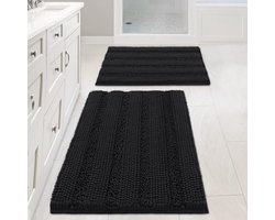 Badmatten Set 2-delig - Extra Dikke Chenille - 50x80 cm & 43x60 cm - Antislip & Superabsorberend - Machinewasbaar - Zwart
