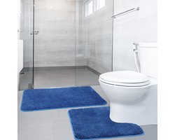 Badmatten Set 2-delig, Microfiber Badkamerkleed, 50x80 cm Badmat & 50x50 cm Toiletmat, Wasbare Badmatten Antislip Badkleed Absorberend Badkuip Douchematt, Blauw