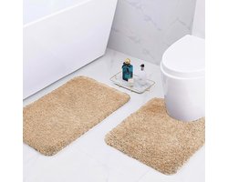 Badmatten Set 2-delig – Superdikke 2 cm – 50×80 & U-vorm 50×50 – Absorberend & Wasbaar – Kameel