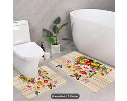 Badmatten Set met Bloemen en Vlinders, Antislip Zachte Wasbare Flanellen Mat, Absorberende Wc-Vloermat in U-vorm