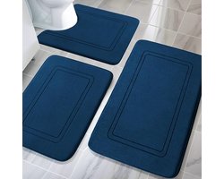Badmatten - Set van 3 Zachte Geheugenschuim Badkamer Matten en U-vormige WC-mat - Anti-rutsch en Wasmachineveilig - Donkerblauw