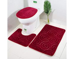 Badmattensets 3-delige antislip en wc-tapijtset van 3 badmatten-set U-vorm contourbadmat & badmat tapijten (rood)