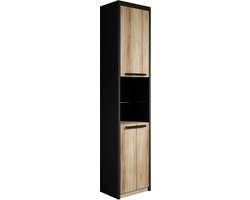 Badplaats Badkamerkast Adam 40 x 30 x 170 cm - Zwart met Eiken - Staande Badkamerkast Hoog met 2 Deuren