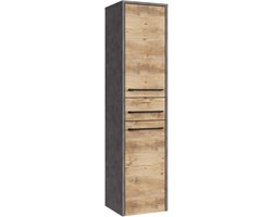 Badplaats Badkamerkast Florence 30 x 35 x 130 cm – Donker Grijs met Kastanje Eiken – Hangende Kolomkast met 2 Deuren en 1 Lade