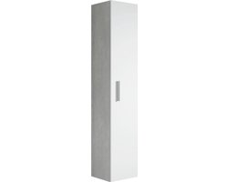 Badplaats Badkamerkast Pluto 30 x 30 x 150 cm - Beton met Wit - Hangende Kolomkast Hoog met 1 Deur