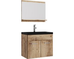 Badplaats Badkamermeubel Montreal Set 02 60 cm – Kastanje Eiken – Hangend Meubel met Zwarte Wastafel en Spiegel