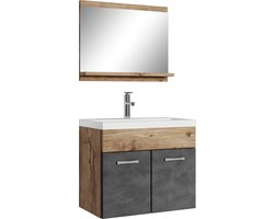 Badplaats Badkamermeubel Montreal Set 02 60 cm – Kastanje Eiken met Donker Grijs – Hangend Meubel met Wastafel en Spiegel