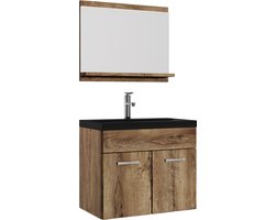 Badplaats Badkamermeubel Montreal Set 02 60 x 35 cm – Bruin Eiken – Hangend Meubel met Zwarte Wastafel en Spiegel