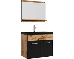 Badplaats Badkamermeubel Montreal Set 02 60 x 35 cm – Bruin Eiken – Hangend Meubel met Zwarte Wastafel en Spiegel