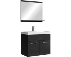 Badplaats Badkamermeubel Montreal Set 02 60 x 35 cm – Hoogglans Zwart– Hangend Meubel met Zwarte Wastafel en Spiegel