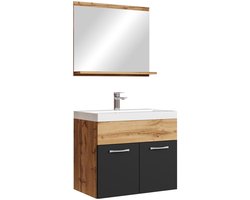 Badplaats Badkamermeubel Montreal Set 02 60 x 35 cm – Kastanje Eiken – Hangend Meubel met Zwarte Wastafel en Spiegel