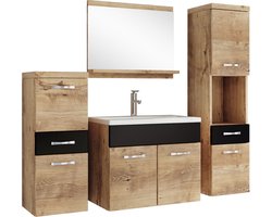 Badplaats Badkamermeubel Set Alba 60 x 35 cm – Kastanje Eiken met Mat Zwart – Badmeubel met Spiegel en Zijkasten