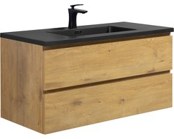 Badplaats Badkamermeubel Set Angela 100 cm – Eiken – Badmeubel met Zwarte Wastafel