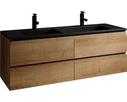 Badplaats Badkamermeubel Set Angela 140 cm - Eiken - Badmeubel met Zwarte Wastafel