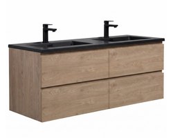 Badplaats Badkamermeubel Set Angela 140 cm – Kastanje Eiken – Badmeubel met Zwarte Wastafel