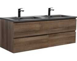 Badplaats Badkamermeubel Set Angela 140cm - Bruin Eiken - Badmeubel met Zwarte Wastafel