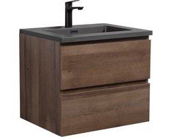 Badplaats Badkamermeubel Set Angela 60 cm – Bruin Eiken – Badmeubel met Zwarte Wastafel