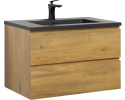 Badplaats Badkamermeubel Set Angela 80cm - Eiken - Badmeubel met Zwarte Wastafel