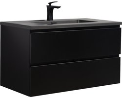 Badplaats Badkamermeubel Set Angela 90 cm – Mat Zwart – Badmeubel met Zwarte Wastafel