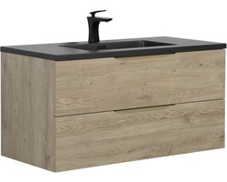 Badplaats Badkamermeubel Set Cairo 100 x 48 cm – Kastanje Eiken – Badmeubel met Zwarte Wastafel