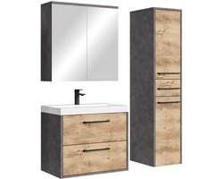 Badplaats Badkamermeubel Set Florence 60 cm – Donker Grijs met Kastanje Eiken – Hangend Badmeubel met Wastafel, Spiegelkast en Zijkast – Soft-Close