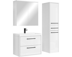 Badplaats Badkamermeubel Set Florence 60 cm – Hoogglans Wit – Hangend Badmeubel met Wastafel, Spiegelkast en Zijkast