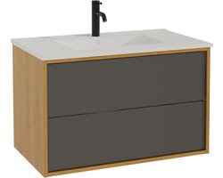 Badplaats Badkamermeubel Set Gary 80cm - Eiken met Zwart - Badmeubel met Wastafel