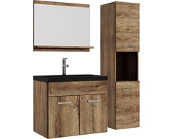 Badplaats Badkamermeubel Set Montreal 60 x 35 cm - Bruin Eiken - Badmeubel met spiegel en zijkast met Zwarte Wastafel