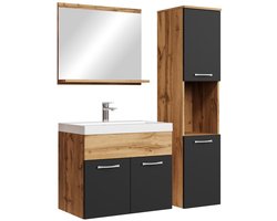 Badplaats Badkamermeubel Set Montreal 60 x 35 cm - Eiken met Zwart - Badmeubel met spiegel en zijkast