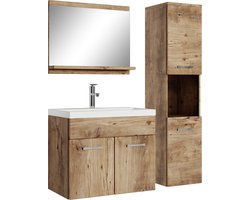 Badplaats Badkamermeubel Set Montreal 60 x 35 cm - Kastanje Eiken - Badmeubel met spiegel en zijkast