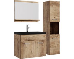 Badplaats Badkamermeubel Set Montreal 60 x 35 cm - Kastanje Eiken - Badmeubel met spiegel en zijkast met Zwarte Wastafel