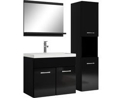 Badplaats Badkamermeubel Set Montreal 60 x 35 cm - Zwart Hoogglans - Badmeubel met spiegel en zijkast