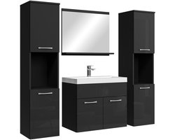 Badplaats Badkamermeubel Set Montreal XL 60 x 35 cm – Hoogglans zwart – Badmeubel met Spiegel en Zijkasten