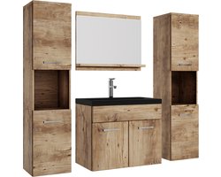 Badplaats Badkamermeubel Set Montreal XL 60 x 35 cm - Kastanje Eiken - Badmeubel met Zwarte wastafel en Zijkasten