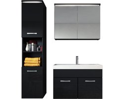 Badplaats Badkamermeubel Set Paso 80 x 40 cm - Zwart Hoogglans - Badmeubel met spiegelkast en zijkast