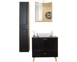 Badplaats Badkamermeubel Set Rincon 60 x 45 cm - Zwart met Eiken - Wastafelkast met Spiegelkast en Zijkast