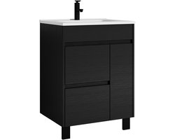 Badplaats Badkamermeubel Set Salzburg 60 cm - Zwart Houtnerf - Staand Badmeubel met Wastafel