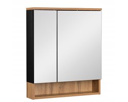 Badplaats Spiegelkast Luca 60 x 14 x 70 cm – Zwart met Eiken – Badkamerkast met 2 spiegeldeuren en Verstelbare Glazen Planken